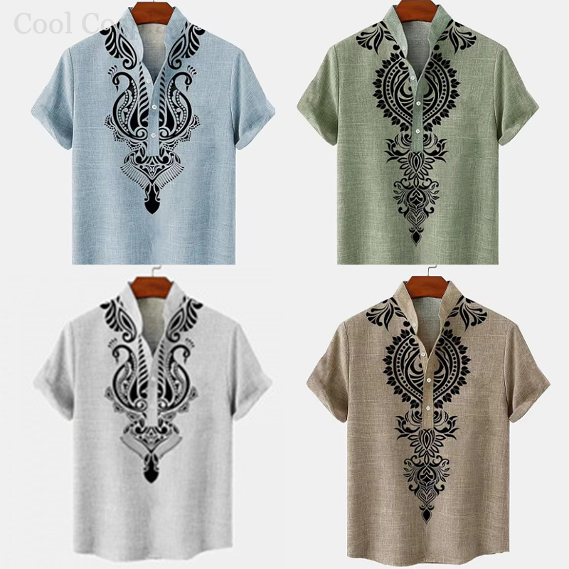 Male Retro Tops Henley Shirt M - Ethnic Fashion Men บทวิจารณ์และราคา