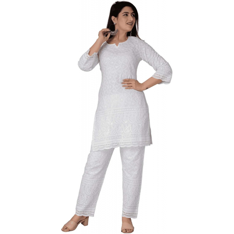 Chikankari Cotton Indian Kurti - Salwar Kameez Set บทวิจารณ์และราคา